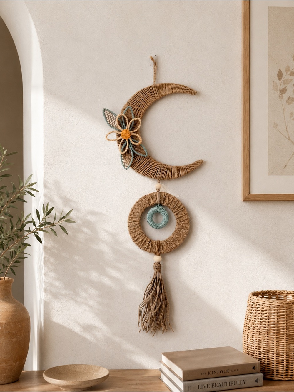 Handmade Crescent Moon & Tassel Wall Hanging - Natural and Teal